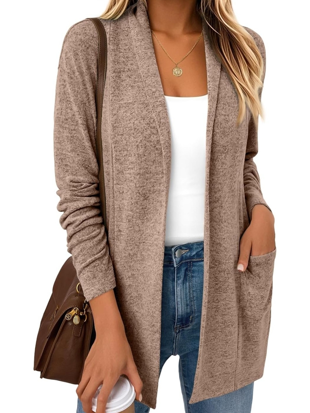 Cozy Open-Front Women's Sweater Cardigan - Taupe
